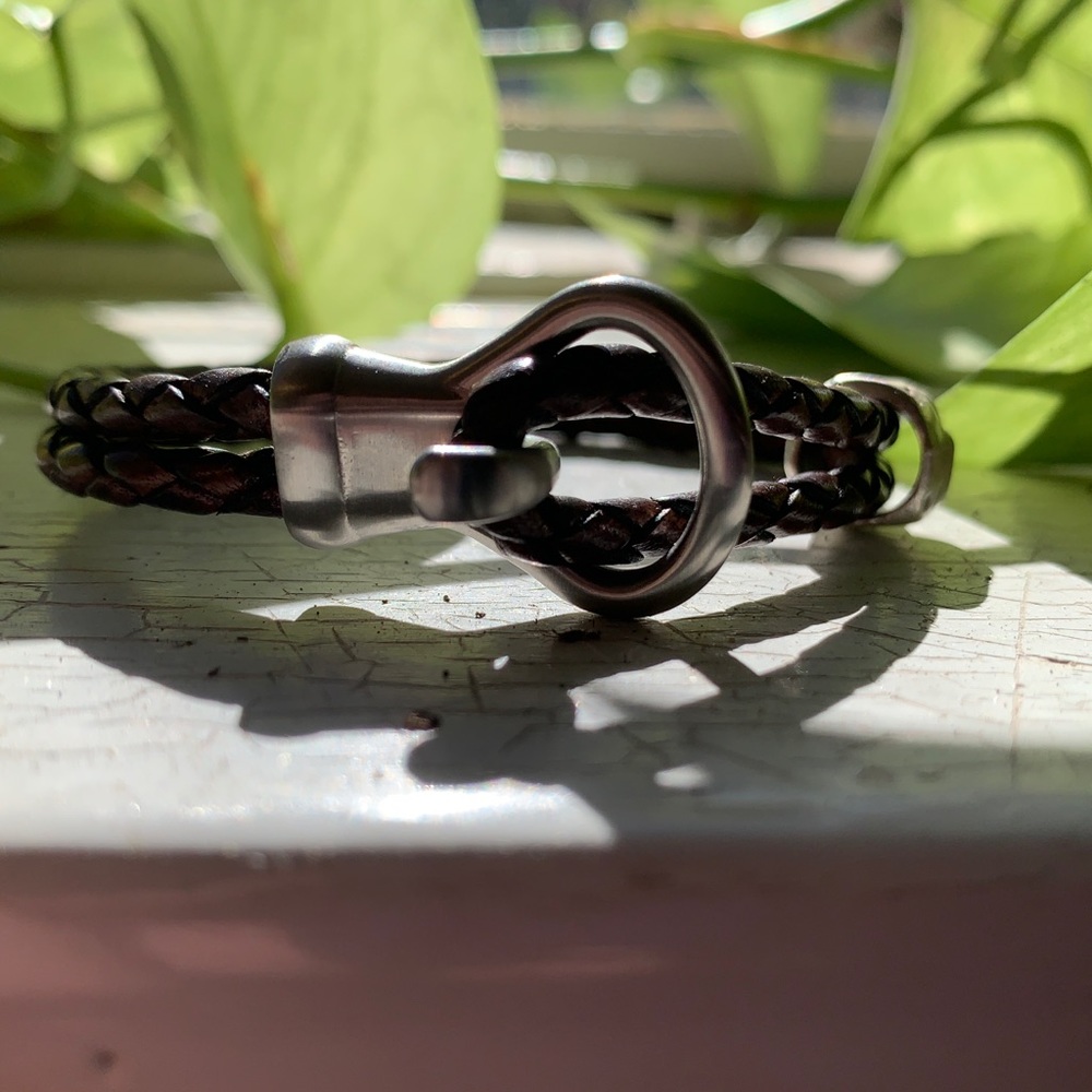 Dark Rustic Brown Braided Leather Cord Bracelet with cool Steel Clasp